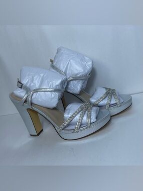 Nina Women Silver Rhinestone Strappy Platform Block Heels Size 10M New with Box